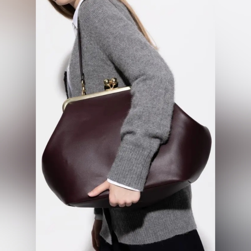 Coach Large Leather Kisslock Frame Shoulder Clutch Bag, Brown
